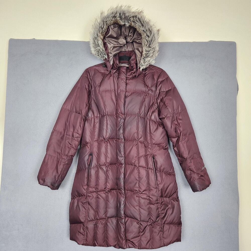 Eddie Bauer Coat Womens Petite Large Red Long Down Puffer Hooded Faux Fur Parka